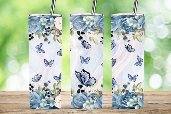 Rose Blue Flower Butterfly Tumbler Wrap: Graphics for Crafts & Branding