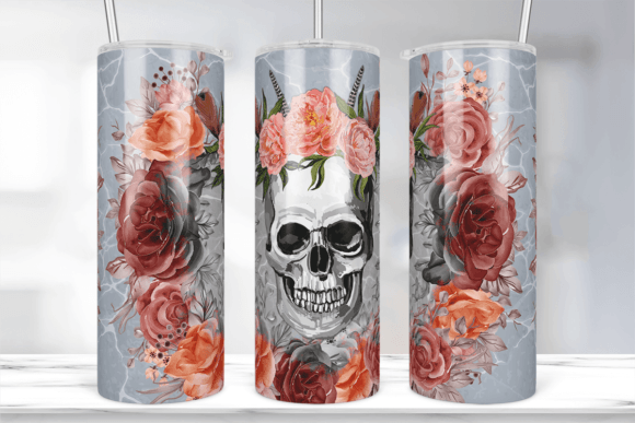 SEAMLESS Floral Skull Tumbler Wrap PNG: Graphics for Crafts & Seasonal Branding
