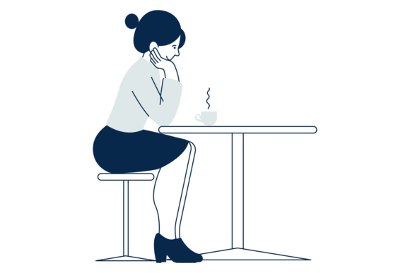 Woman Sitting at Table with Hot Cup. Cof Graphics